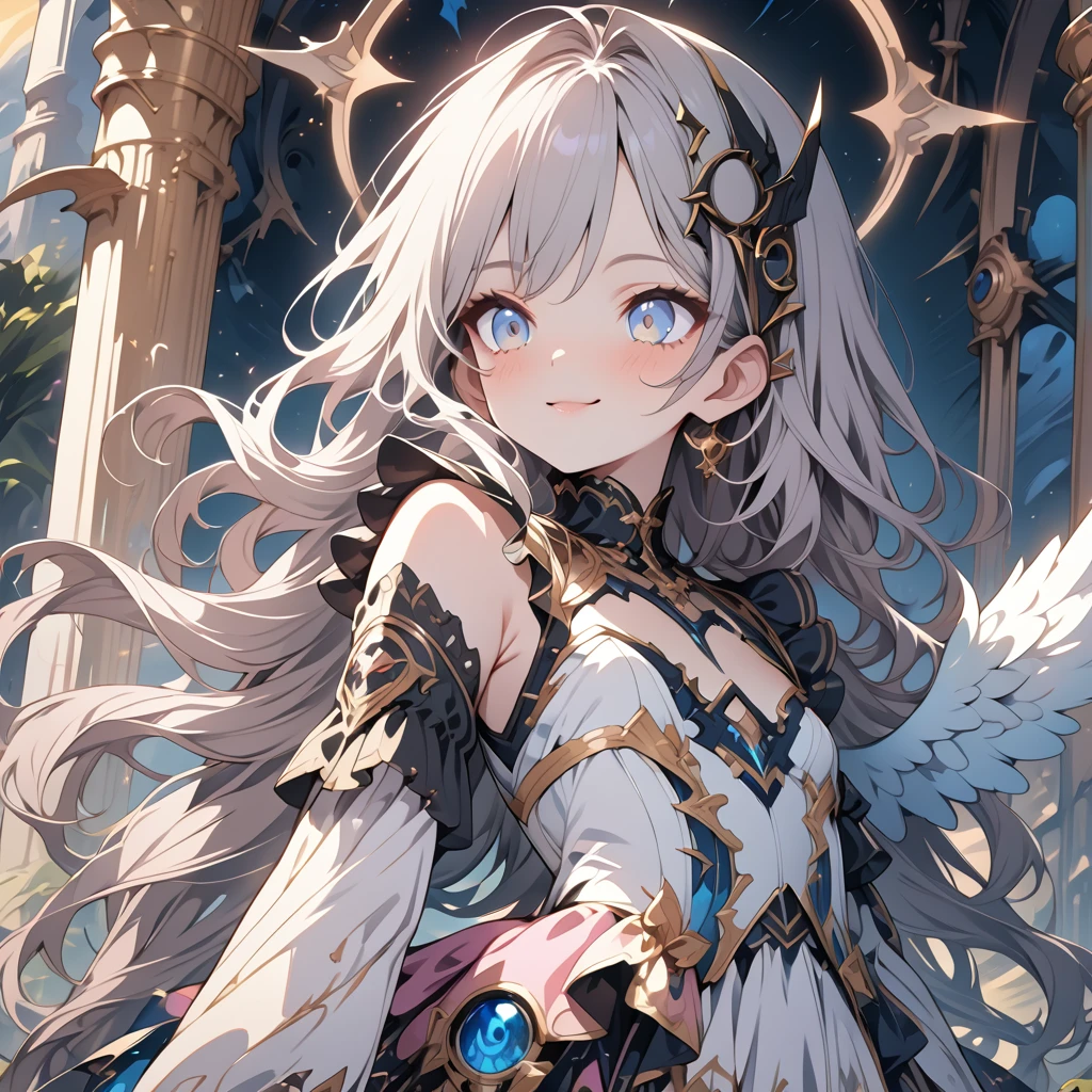 Absurd,anime,Detailed and beautiful eyes,(art),(artistic clothing:1.5),angel,gray hair,smile,(a girl:1.5),from the waist up,(small breasts:1.2),(small chest:1.2),mysterious,fallen Angel,Hello,(Large detailed hair ornament:1.2),(look away:1.5),detailed clothes,Flashy Moves,Mechanical,masterpiece, moe kawaii,abyss,luster,lame,(ultra detailed:1.2), ((highest quality)) ,Extremely Delicately Beautiful ,64k