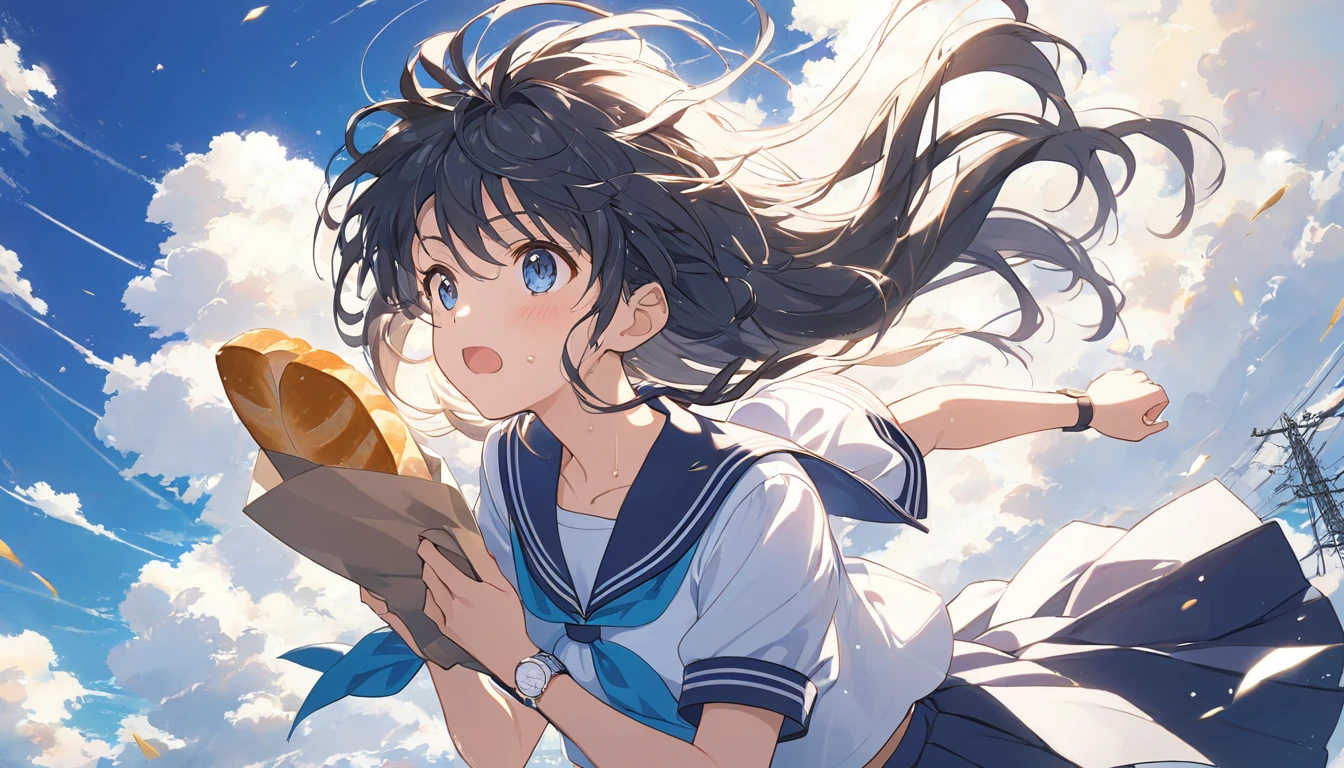  Anime style , japanese anime,Running Girl, holding bread ,Anxious expression,Drawing sweat , wearing a sailor suit,With a bag,Messy hair,Blowing in the Wind,Side Angle, running next to Ishigaki , illuminated by light a masterpiece ,Best Quality,Exquisite,8k, absurd, super detailed illustration ,(Watch the audience)