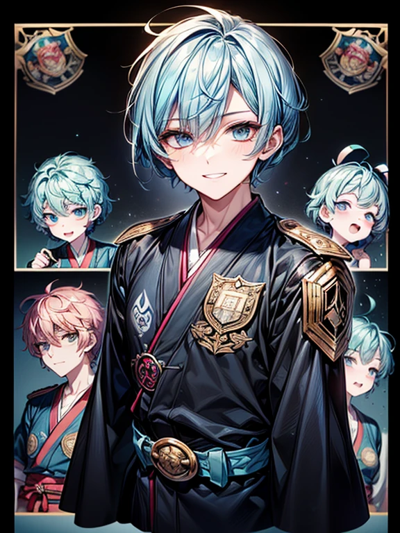 ( best quality , masterpiece,  High Resolution , 8k, official art), (Kimono), (Black habutae with five crests:1.7), (Square belt:1.7), (male:2.0), 着物を着たmale, Vivid Kimono, Amazing digital illustrations, 美しい笑顔のmale, The upper white teeth are visible,  colorful Ukiyo-e style anime illustration, ( light blue colored hair:1.5)、(short cropped hair :1.5)、Beautiful Anime Paintings,, Detailed anime art, Smiling、Early life、young、Baby Face、、 do various poses、 arms crossed、