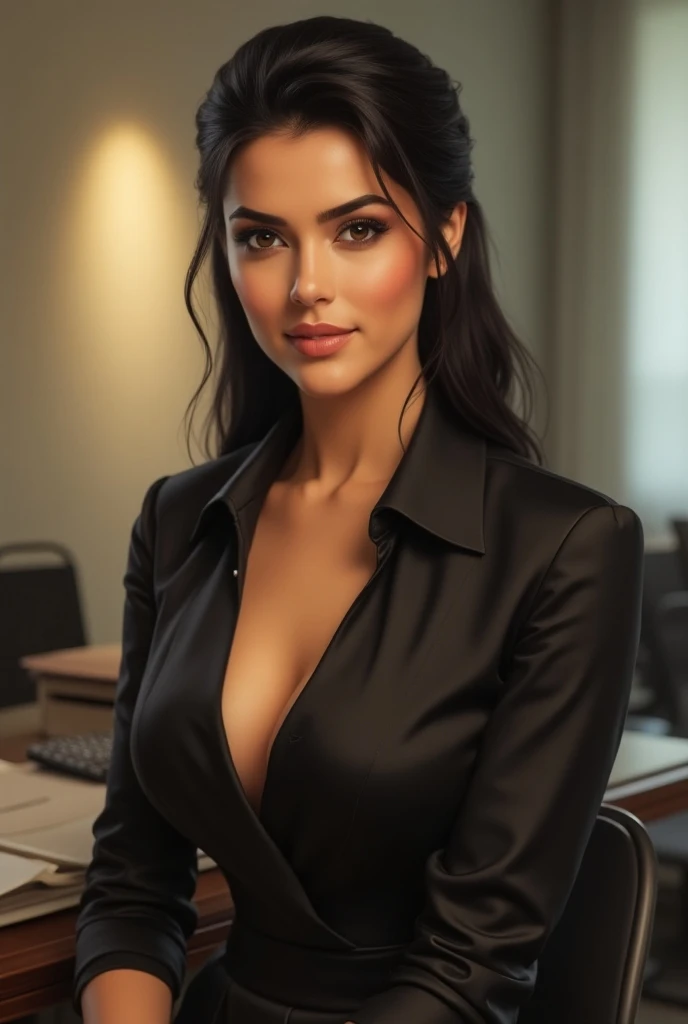Film photography, 1girl, office lady, Black office jacket, office skirt, (pantyhouse:1.2), (short button-down shirt:1.2), Button-down collar, collar with buttons, Bra, (pantyhouse:1.2), Alpha layers, highheels, Beautiful earrings, cleavage, Seduction Smile, Medium Breast, full - body, drunken blush:1.5, black wavy shoulder-length hair, Serene, Calm, (Realistic detailed eyes, natural skin textures, realistic face details), soft dramatic lighting, Depth of field, bokeh, Vivid details, Finely detailed, A hyper-realistic