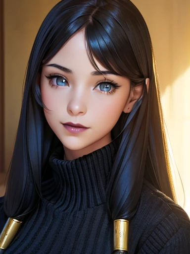 ( masterpiece :1.3), (8K, photorealistic, RAW Photo,  The best quality : 1.4), (1 girl), beautiful face, ( realistic face ), ( black hair,  long hair :1.3), beautiful hairstyle, realistic eyes,  Detailed and beautiful eyes , (realistic skin), beautiful skin, (sweater), absurdres, attractive,  ultra high resolution ,  ultra realistic, Highly detailed,  Golden Ratio , Blue eyes,  long hair , smile, black lipstick INFO