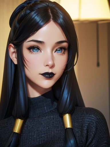 ( masterpiece :1.3), (8K, photorealistic, RAW Photo,  The best quality : 1.4), (1 girl), beautiful face, ( realistic face ), ( black hair,  long hair :1.3), beautiful hairstyle, realistic eyes,  Detailed and beautiful eyes , (realistic skin), beautiful skin, (sweater), absurdres, attractive,  ultra high resolution ,  ultra realistic, Highly detailed,  Golden Ratio , Blue eyes,  long hair , smile, black lipstick INFO