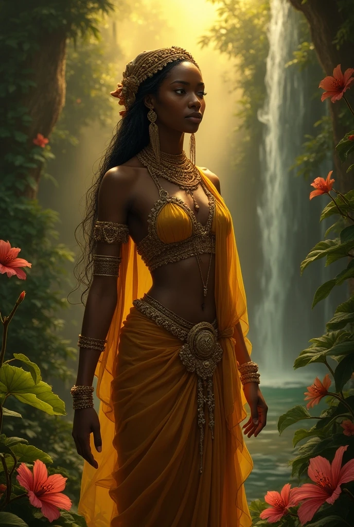 moody art of beautiful african woman, 2heads, conjoined, impressionist concept art, on a jungle planet at night, sleek body, red loincloth, no shirt