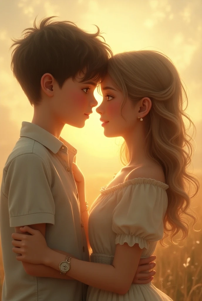 Image of a woman with blonde hair and white skin next to a big white boy with brown eyes hugging each other with a sunset background