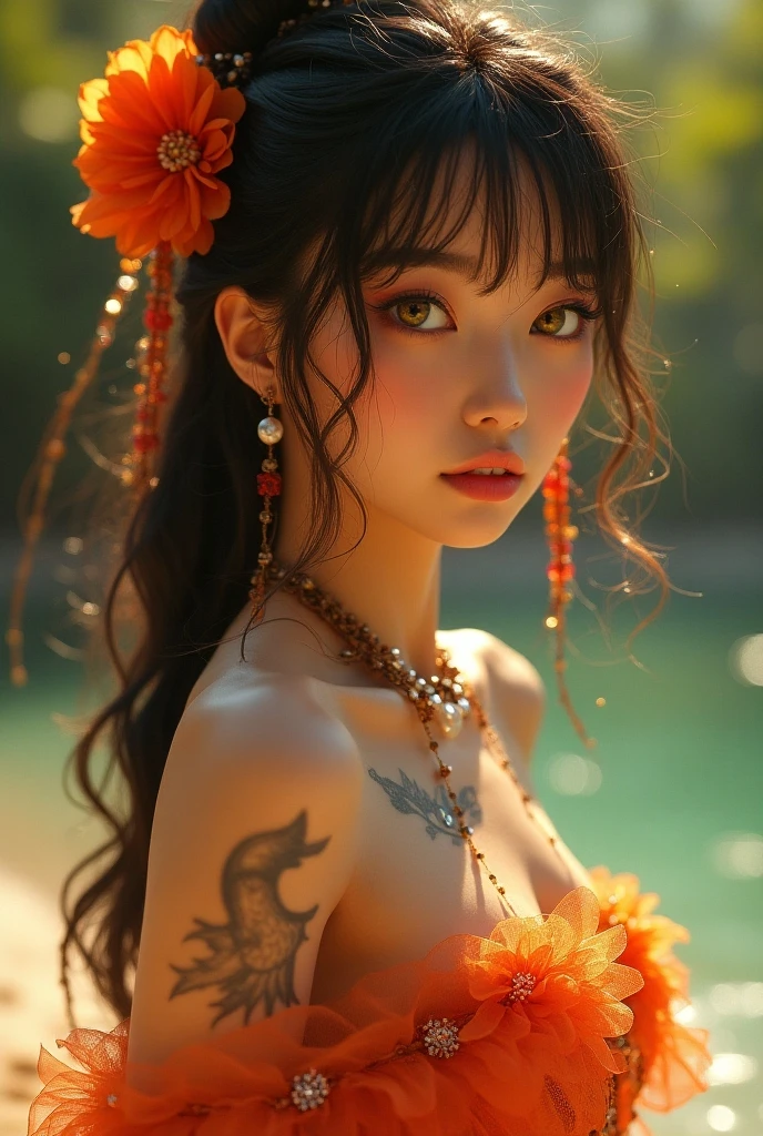 ((portrait of a girl in the ultraviolet backlighting on her:1.24)), ((Glowing 3D objects interact with graphics,Super detailed illustrations)), (1girl: 1.3, 22 years), ((perfect hands:1.2)), ((perfect female body:1.4)), cute girl, ((super fluorescent colourful and extremely intricately detailed photo of Hyperrealistic art Wonderful, intricate (fluorescent colorful:1.4))), photorealistic Realism 8K Quality, fashion supermodel, (Glamour, paparazzi taking pictures of her), (beautiful slim and sharp face), ((ultra absurd details of realistic , perfectly round brown eyes: 1.3 in Ultra absurd quality and resolution)), (Ultra sharp eyes, clear absurd quality, not blurry), ((fine detailed pupils: 1.4)), pink_makeup:1.2, blue_eyeliner, red_lipstick:1.4,(perfect dark_eyeshadows), (Detailed nose:1.2), Intricate detail face, (perfect composition), ((orange, green, black, red flower clusters: 1.44)), break, ((fluorescent flower clusters printed on skin: 1.33)), ((A model shows off glowing body paint covering her private parts in a vivid artistic display)), ((Beautiful girl with long legs and good style:1.2)), ((firm and full breasts:1.3)), (dynamic pose:1.25),((no_Pantise)),(Erotic:1.33), (((cowboy shot:1.3))),