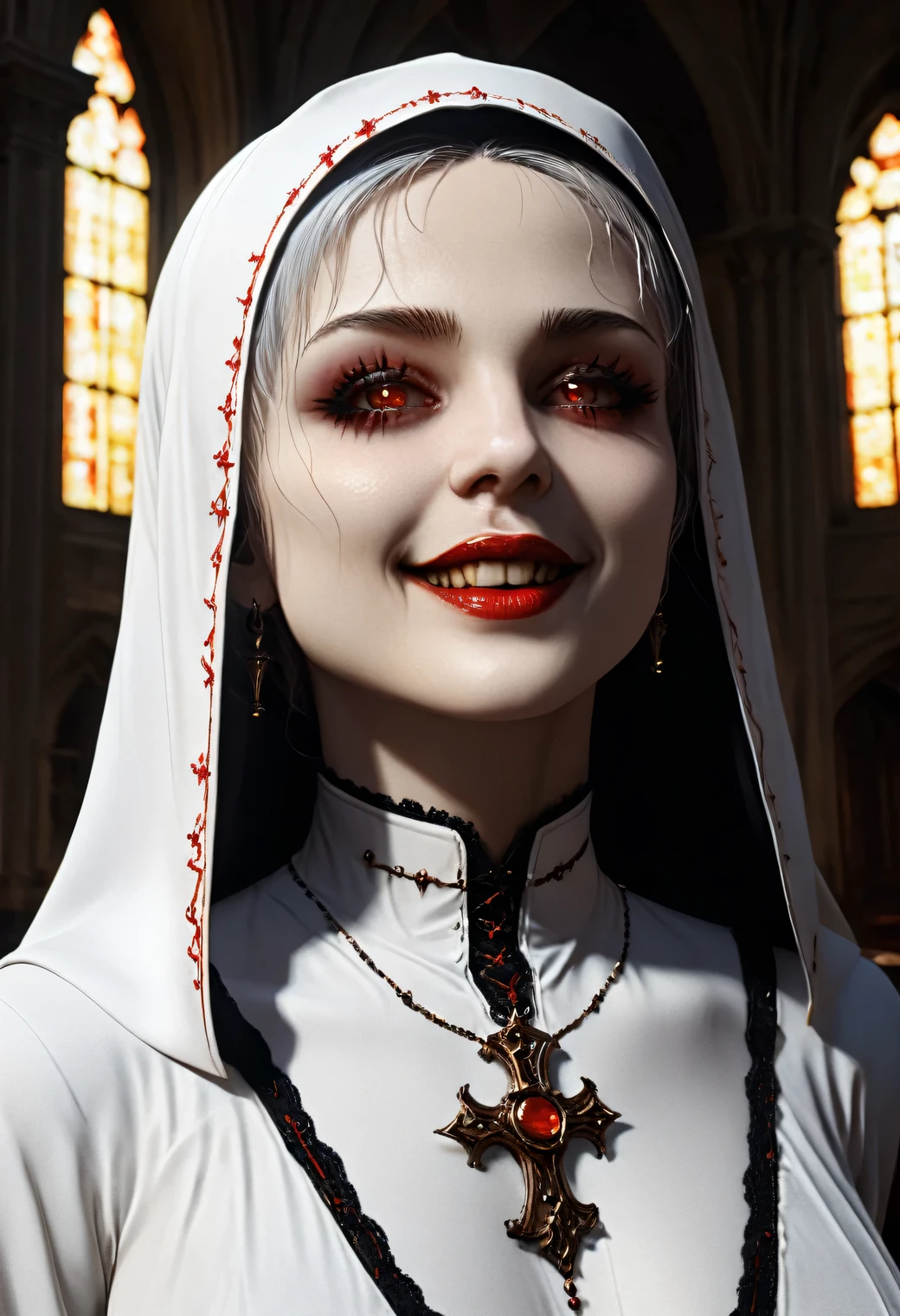 score_9, score_8_up, score_7_up, score_6_up, score_5_up, score_4_up, 80 years old diabolical nun, granny, perverted, obscene, blasphemy, grotesque, sweaty, big fake silicone breasts, perfect nipples, detailed eyes, red eyes, detailed lips, beautiful face, full makeup, nasty smile, seductive pose on altar, evil looking cathedral, dark atmosphehre, 8k, half length realistic photo, soft natural lighting, photorealistic, highly detailed, insane details, very detailed, epic, photorealistic photography, hyperornate details, particuls, ultra detail, unreal engine 5