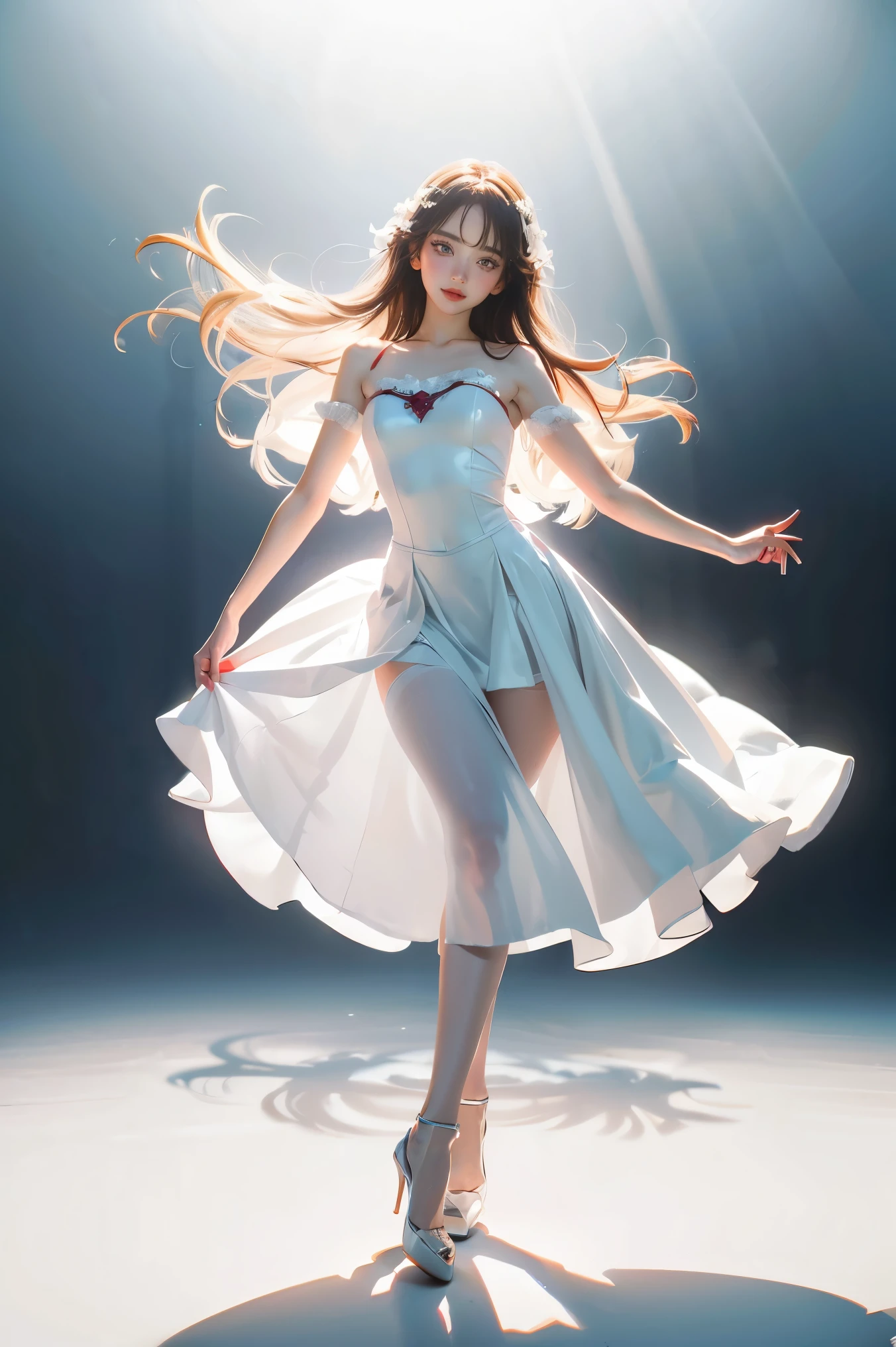 captures feeling over form,idolmaster stella stage,red high heels,concept illustration,light and shadow play,
1girl,white powder,dancing,white long hair,fine art long dress,white pantyhose,POUT,floating,white background,
