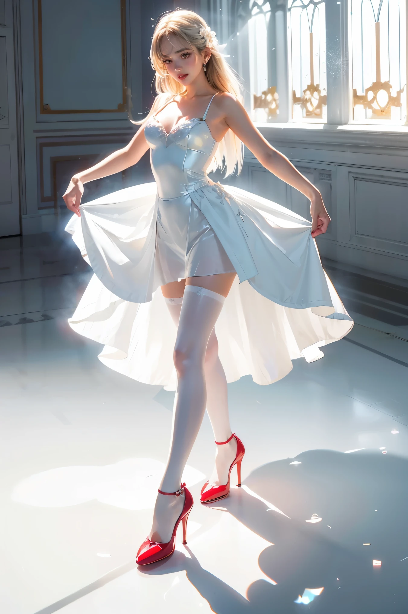 captures feeling over form,idolmaster stella stage,red high heels,concept illustration,light and shadow play,
1girl,white powder,dancing,white long hair,fine art long dress,white pantyhose,POUT,floating,white background,
