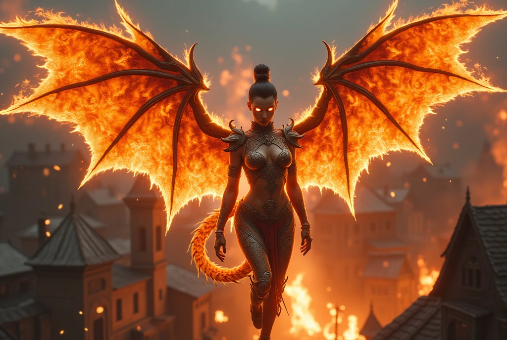 dragon girl, scales, <lora:add_detail:0.5> red skin, wing, tail <lora:FireMan:1.0> fire, small breasts, squatting