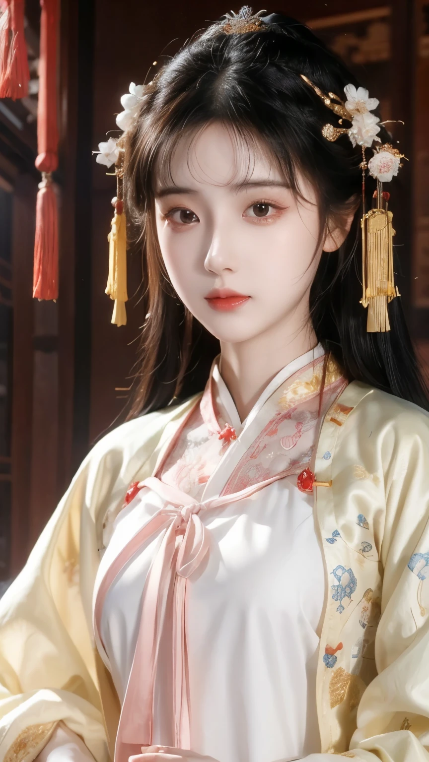 A girl with long hair ,  Beautiful Meticulous Eyes ,  Chinese traditional style,   intricate details,  elegant flowing robe ,    detailed facial features ,  delicate petals , ethereal light,,  natural landscape background ,  best quality, 8K,  high resolution , masterpiece,  super detailed , Realism， golden Hanfu，Jin Fengguan ，Queen