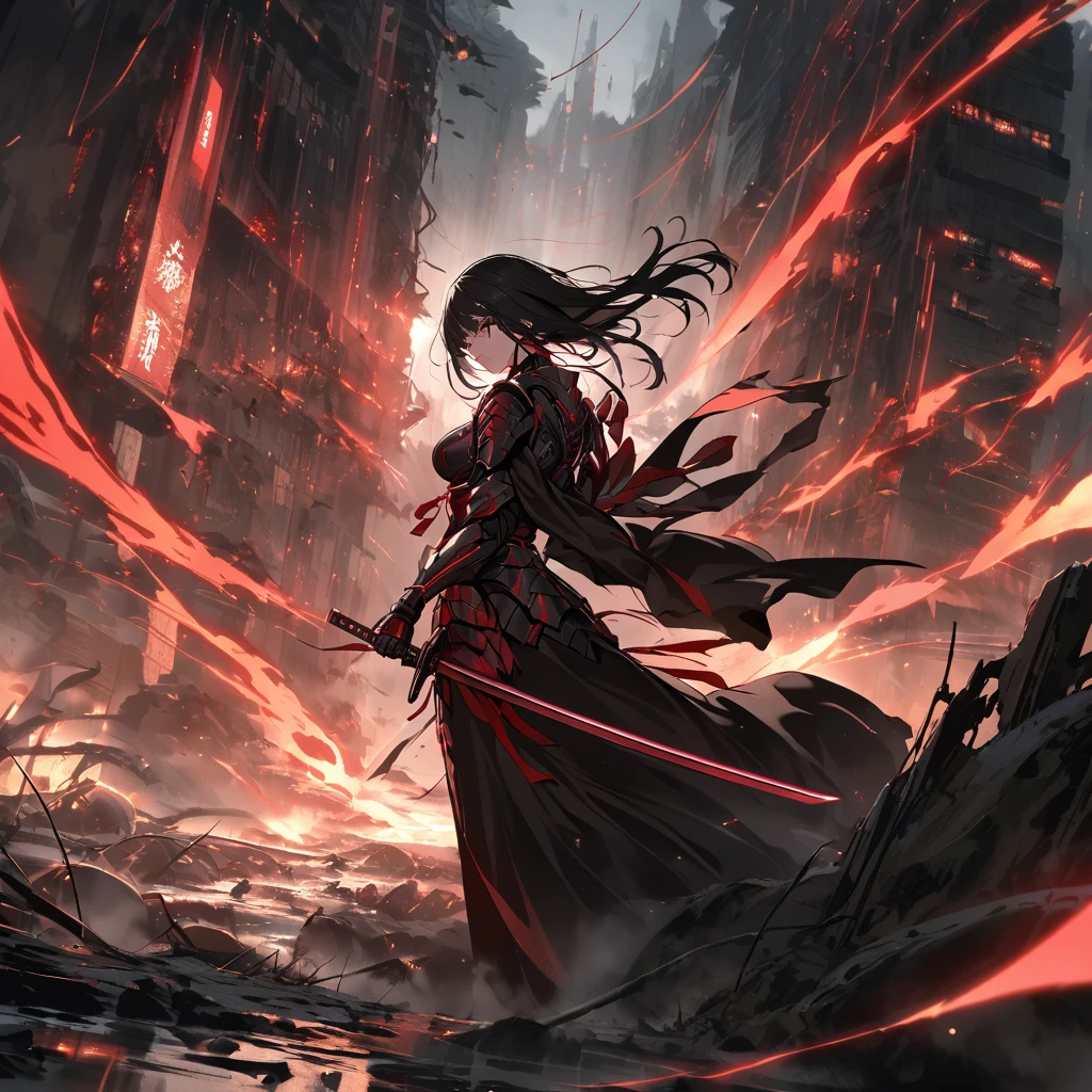 A cyborg geisha stands triumphantly amidst a smoldering metropolis, her raven-black tresses flowing like a waterfall down her back, framing her determined pose. Wearing samurai armor with neon accents, she holds her katana firmly in both hands, its gleaming blade reflecting the pulsating red and black hues of chaos behind her. Amidst the battlefield's ruin, neon-lit smoke billows through the air, casting an eerie glow on the devastated landscape.