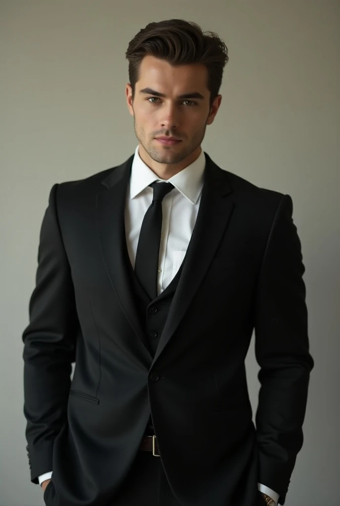 A handsome man wearing a white shirt and a black suit wears a long tie ...