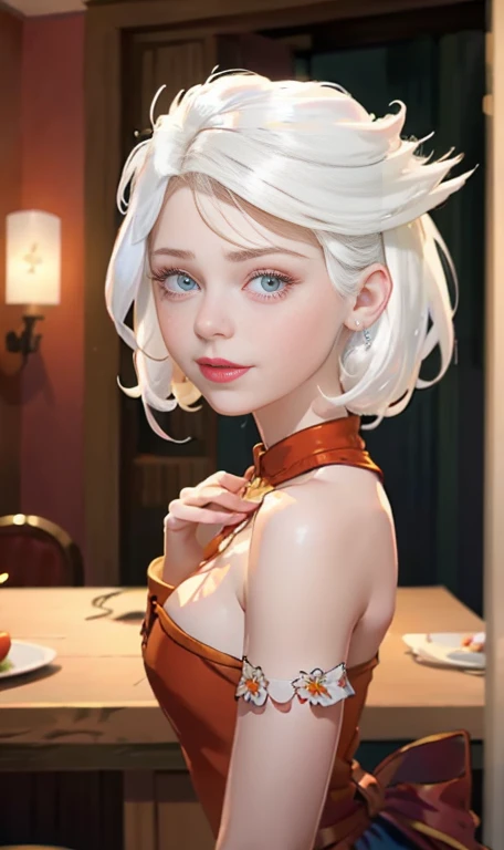 sexy woman, black bunny outfit, black bunny ears, White collar, red bow tie, Black leather corset, (dent in the skin:1.4), showing cleavage, red leather gloves, fishnet stockings, crawling out of the birthday cake, dynamic pose, whole body, runny makeup, after sex, slave, ahegao, vum on breasts, cum om face, licking cum, bukkake, white skin, latex dress, shiny latex dress, adorable clothes, (((white hair))), looking hair