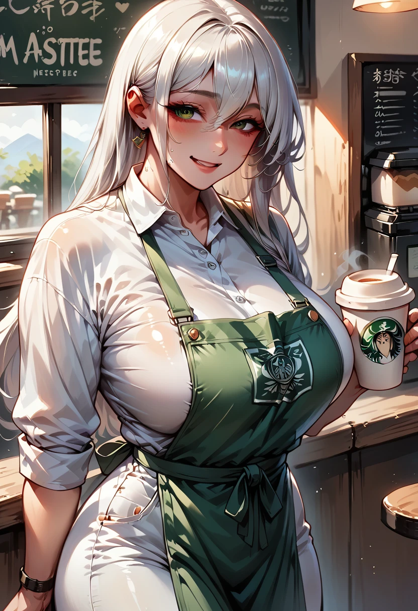 (masterpiece, best quality:1.2), 1girl,long hair,huge oppai, solo,shiny skin,sweating skin,wearing a white suit and jean hotpants,green apron:,Coffee shop,happy,