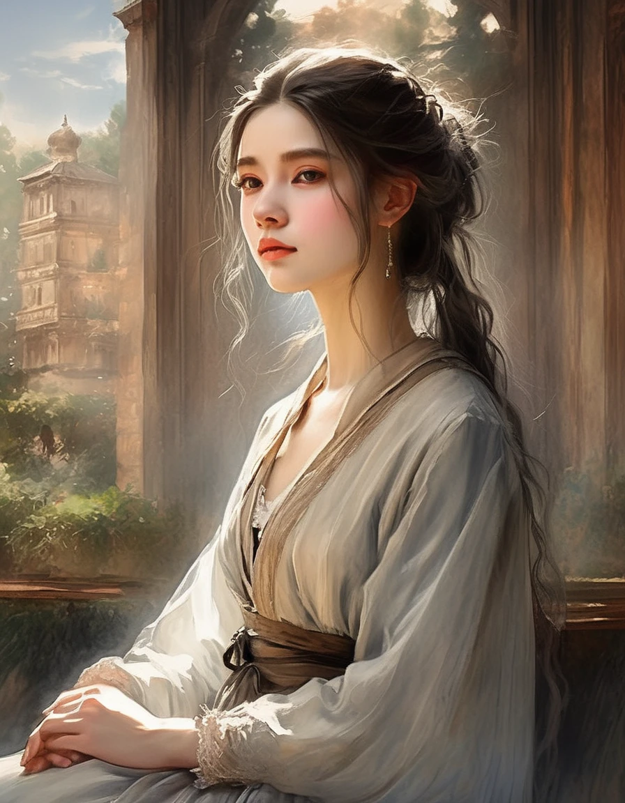 Top quality, very beautiful manga drawn during the Renaissance, portrait of one girl staring at the viewer, exquisite lines in handwriting, lean strokes, by a genius painter, long hair, soft dresses, translucent coloring with watercolors, masterpieces