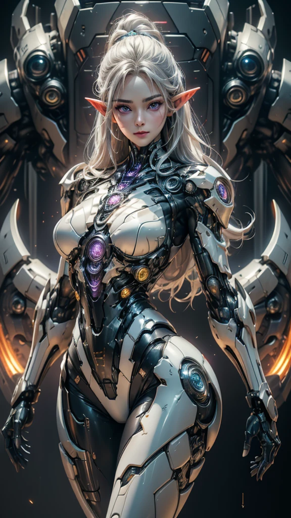 ​masterpiece、top-quality、ultra-detailliert、very detailed illustration、ighly detailed、intricate-detail、hight resolution、super complex details、extremely detailed 8k CG wallpaper、Full body shot、Caustics、Reflectors、Ray traching、(1人:1.5)、独奏、mecha musume、Mechanical parts、Robot joints、Complex mecha bodysuits、Super long hair、(Gentle smile:1.5)、beautiful countenance、A detailed face、perfectly proportions、爆乳、Beautiful waist、Navel、big butts、Neat and neat buttocks of round shape,、Crotch gap、Large Thigh、clong legs、white  hair、hairs between eyes、O cabelo multicolorido、Inner hair color、red eyes、Luminous Eyes、(randome pose、dynamicposes,:1.2)、(The background is outer space、stele、planet earth、a moon,)