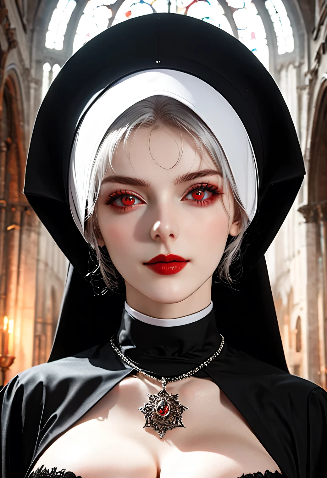 score_9, score_8_up, score_7_up, score_6_up, score_5_up, score_4_up, 80 years old diabolical nun, granny, perverted, obscene, blasphemy, grotesque, sweaty, enormous breasts, perfect nipples, detailed eyes, red eyes, detailed lips, beautiful face, pale skin, full makeup, nasty smile, seductive pose on altar, evil looking cathedral, dark atmosphehre, 8k, half length realistic photo, soft natural lighting, photorealistic, highly detailed, insane details, very detailed, epic, photorealistic photography, hyperornate details, particuls, ultra detail, unreal engine 5