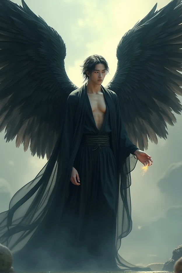 illustration style of lucifer from the bible, soft lighting, (dramatic angle:1.25), (standing alone:1.4), (1 men), ((Bblack hair), short and straight hair), black eyes, sky, (Off-the-shoulder shirt), (staring overhead:1.3), fantastic black and white, sky azul com nuvens, (work of art:1.2), ultra detali, (best qualityer), black and white illustration, (caindo do sky)