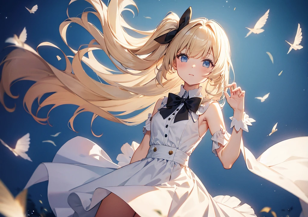 Ray Tracing,high quality,High resolution,bloom effect,Dynamic Angle,Light Shaft, particle lighting, Dynamic Light,One girl, alone, Wind,smile, s old,Middle chest, Long blonde twin tails that reach above her ears, Ahoge, (Cyan striped hair:1.15), ,Wizard,Mountain,Starry Sky,blue eyes, Hair Ribbon,Glowing Skin,Happy,