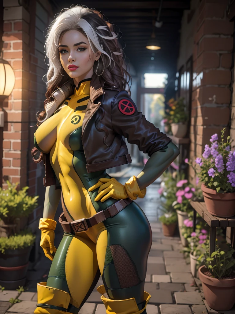 (New York: 1.3), (time square), (master piece, best quality: 1.2), Classic Vampire, 1 girl, only, long hair, breasts, smile, large breasts, brown hair, green eyes, jacket, hair big, white hair, multicolored hair, parted lips, clothes, two-tone hair, open jacket, outlined lips, green and yellow bodysuit, covered navel, makeup, muscular, headband, abs, tight skin, multicolored clothes, muscular female , dyed fringe, multicolored bodysuit, green bodysuit, yellow bodysuit, Looking at Viewer, (Average Breasts: 1.3), (Hanging Breasts: 1.3), (Full Breasts: 1.3), (Realism: 1.5), (Realisitc: 1.4) , (Absurdity:1.4), 8k, ultra-detailed, Detailed Beautiful Woman, (only:1.4), 1girl, (Viewer facing:1.2),