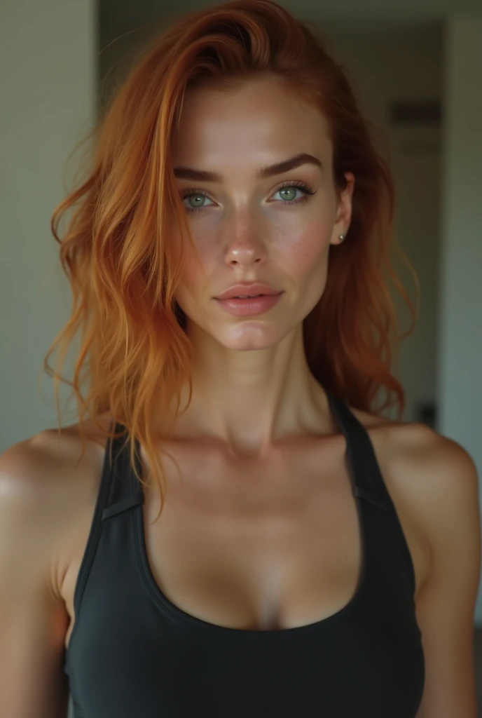 (best quality, 4k, 8k, high resolution, masterpiece: 1.2), ultra-detailed, (realistic, photorealistic, photorealistic: 1.37), frontal image of woman red hair, beautiful face, few freckles on her face, eyes green, muscular body, tanned skin, toned muscles, big breasts, crossfit athlete,, gaze facing the viewer , realistic half body photo