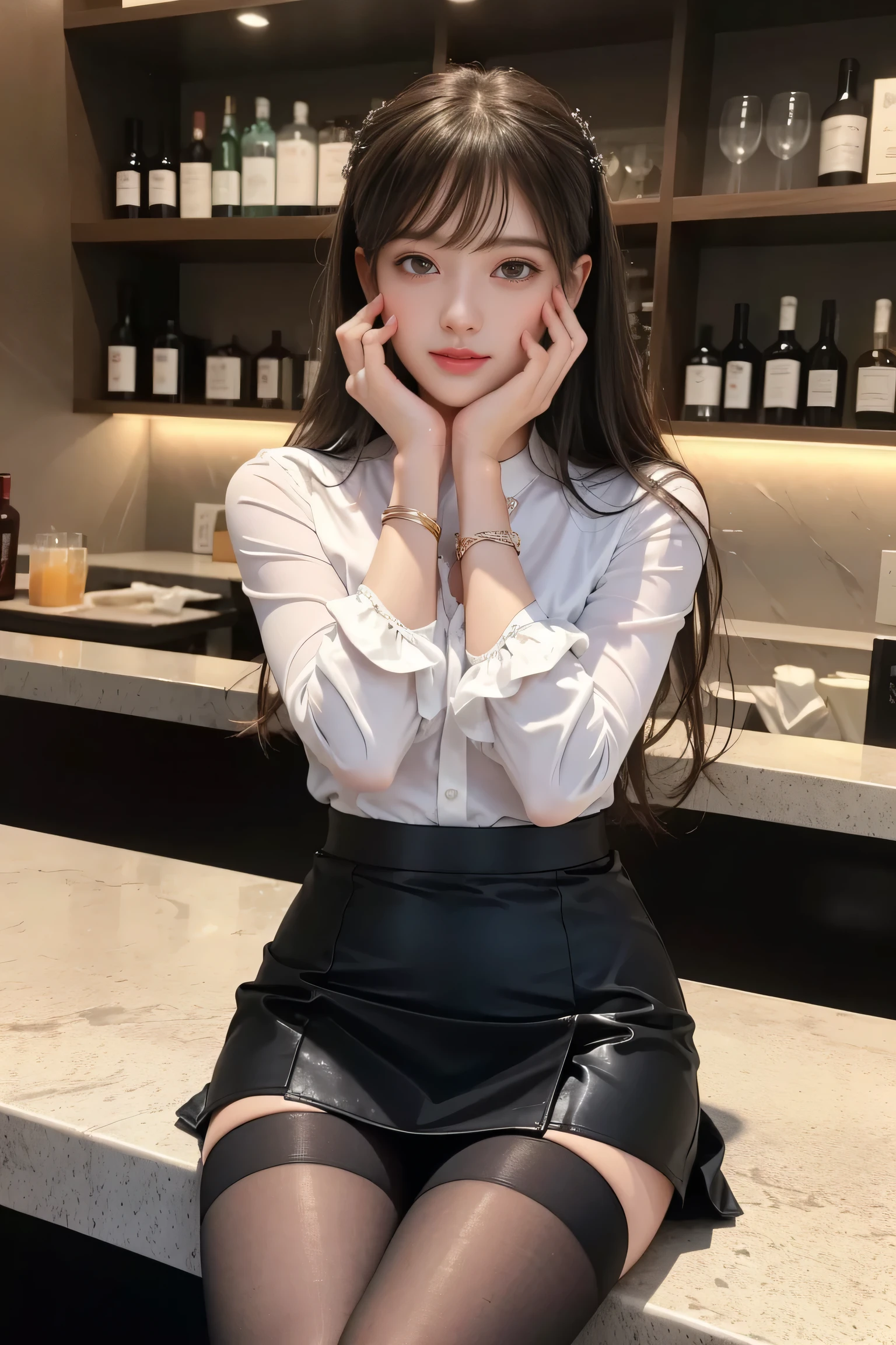 ((Beautiful woman sitting at the bar counter))、Beauty、One person女、One person、Long Hair、（Office Lady)、Viewer、Smile、(Big Blue Eyes)、Hair Accessories、gem、(Light brown hair)、mouthをclose、bangs、bracelet、lips、Gray、Portrait、Red nails、close、赤いlips、Put your hands on your face。Put your hands on your face、Place your hand on your cheek、Long Hair、Viewer、smile、（after the rain）mouth、bangs、bracelet、lips、Gray Eyes、Portrait、Red nails、close、赤いlips、Put your hands on your face、Place your hand on your cheek、(Shiny skin)、(Full body angle)、((White blouse、(Black tight mini skirt)),（Black high heels), (Pantyhose)、（Girl sitting with legs crossed)、(She&#39;s wet)、(Long legs)、