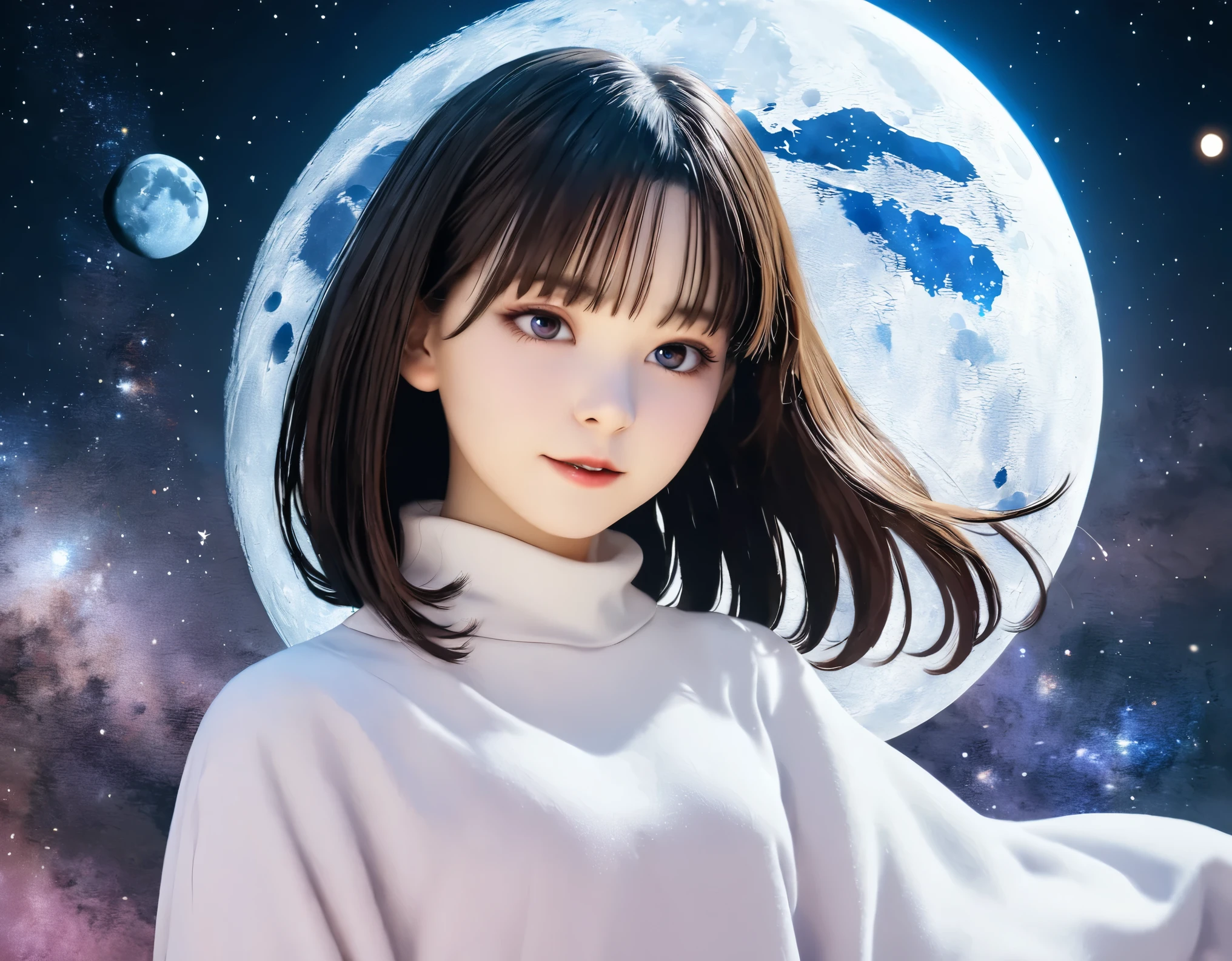 (best quality, 8k, high resolution:1.2), 1girl, tiffa adill, universe, moon, upper body