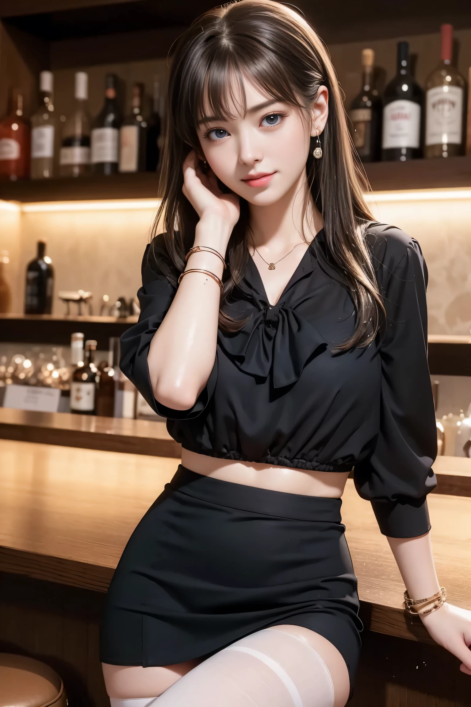 ((Beautiful woman sitting at the bar counter))、Beauty、One person女、One person、Long Hair、（Office Lady)、Viewer、Smile、(Big Blue Eyes)、Hair Accessories、gem、(Light brown hair)、mouthをclose、bangs、bracelet、lips、Gray、Portrait、Red nails、close、赤いlips、Put your hands on your face。Put your hands on your face、Place your hand on your cheek、Long Hair、Viewer、smile、（after the rain）mouth、bangs、bracelet、lips、Gray Eyes、Portrait、Red nails、close、赤いlips、Put your hands on your face、Place your hand on your cheek、(Shiny skin)、(Full body angle)、((White blouse、(Black tight mini skirt)),（Black high heels), (Pantyhose)、（Girl sitting with legs crossed)、(She&#39;s wet)、(Long legs)、