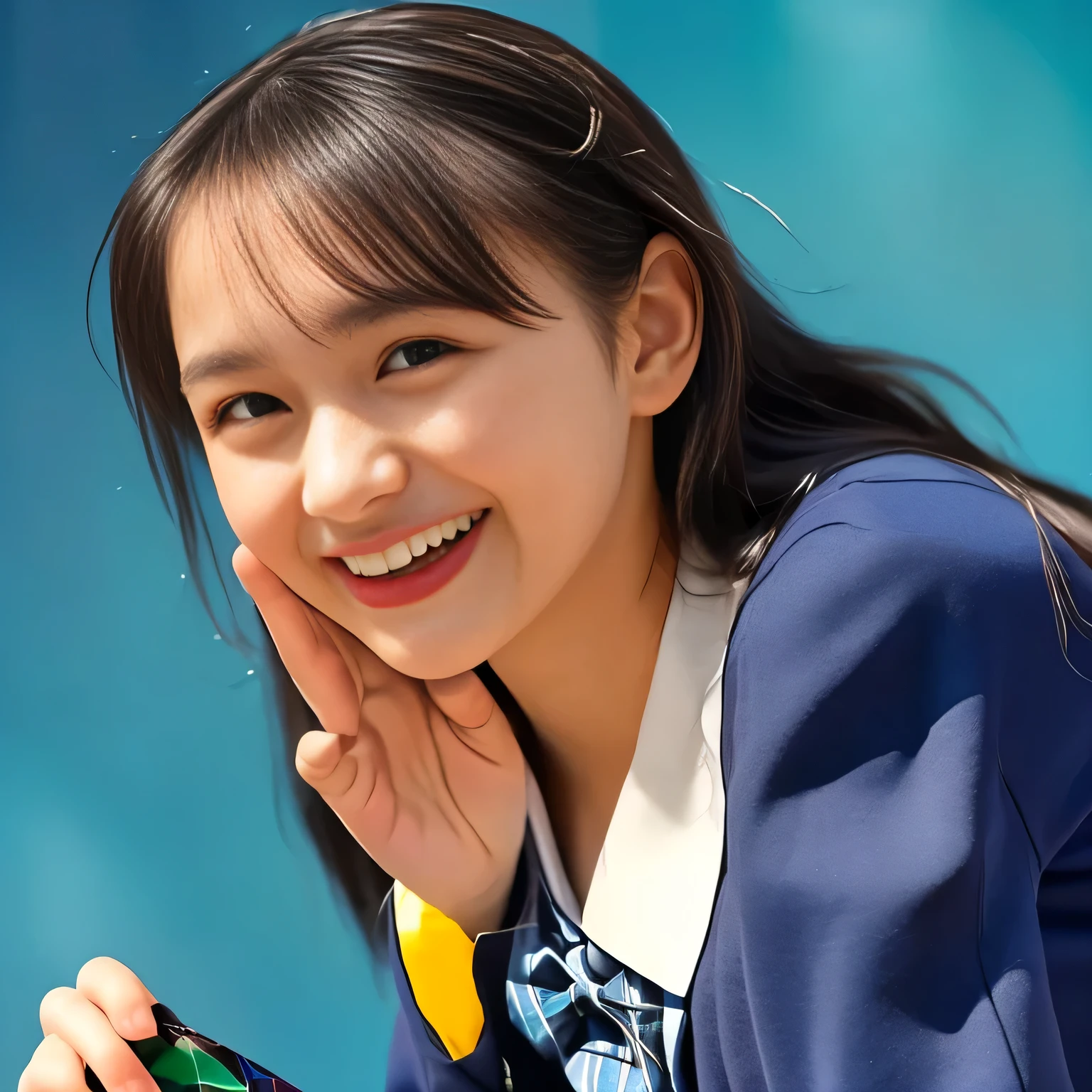 (Highest quality, masterpiece:1.2), Highest quality, High resolution, 1080P, 8k, (A noble, graceful and Japanese young long hair fashion magazine model who have a best proportion are seated giggling at me with extreme beatitude, laughing and posing like a fashion model of Japanese uniform promotion: 1.5), (Well-balanced, intelligent, drooping, double-eyelids, brown shiny large eyes with detailed make me feel her intelligence: 1.5), (Navy colored school blazer, blue-colored pleated school blue-and-dark-blue-and-cyan-tartan-checkered plaid-skirt: 1.5), (Plain blue school ribbon on the mature breast), (Girl whom everyone loves because of her beauty and beautiful eyes and lovely fashion and noble manner and magic-charm of succubus), (Very beautiful, glossy, cutely super-super-long straight gorgeous rich black hair: 1.3), (Drives me crazy for their neat blue-plaid-skirts and Make me fall into their skirts), (plain blue background: 1.6), (Best style like a 13yohion model, mature breast), ((Completely balanced beautiful eyes)), ((Completely balanced beautiful eyes)), (Eyes, face and hair are especially beautifully detailed and beautifully drawn: 1.5), (Satisfactory best shot by professional famous women's photographer: 1.5)