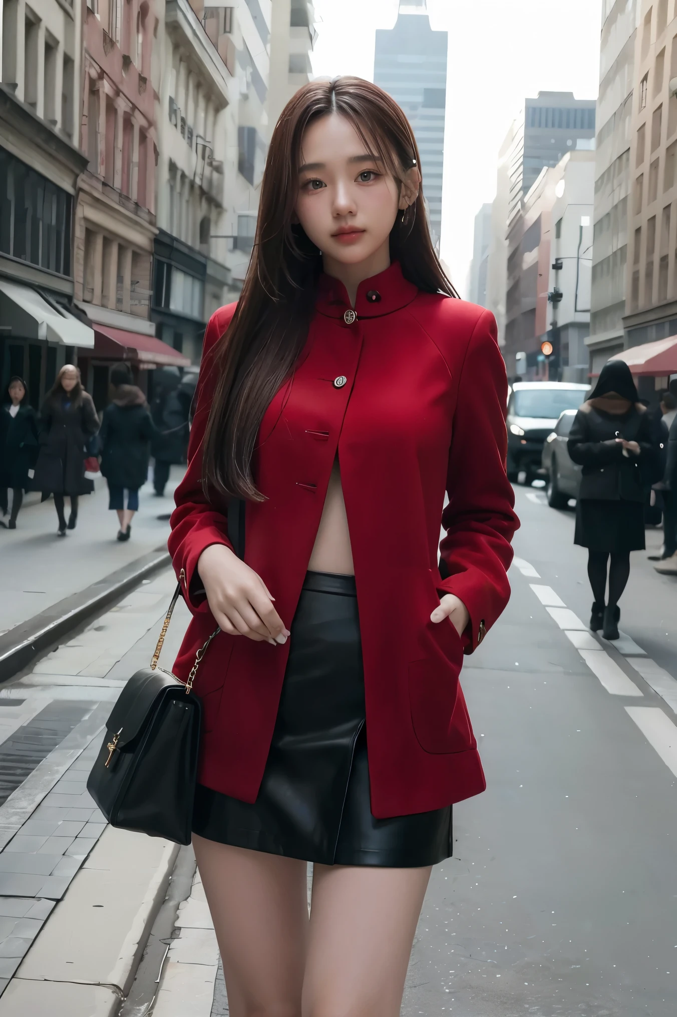 highres,masterpiece,best quality,extremely detailed,nsfw,1girl,city, street,arms behind back, black skirt, red coat, eye focus,