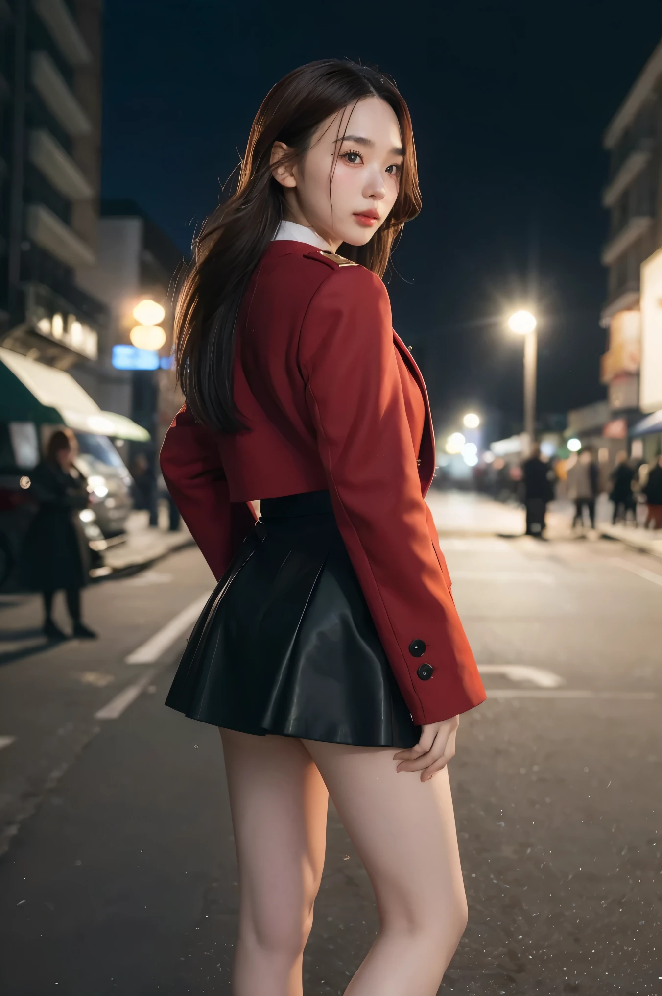 highres,masterpiece,best quality,extremely detailed,nsfw,1girl,city, street,arms behind back, black skirt, red coat, eye focus,