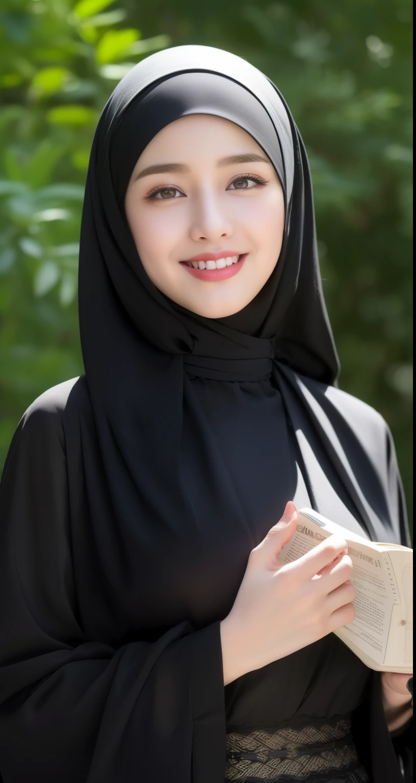 (best quality,4k,8k,highres,masterpiece:1.2), (lips very smile:1.2), black hair, hijab abaya, ultra-detailed,eyes detailed, face bright, face glow,(realistic,photorealistic,photo-realistic:1.37),20 years old girl, (Big breasts), Pasmina hijab abaya, hijab pasmina,asian korean beautiful girl,book,stylebook,erotic Asian korean