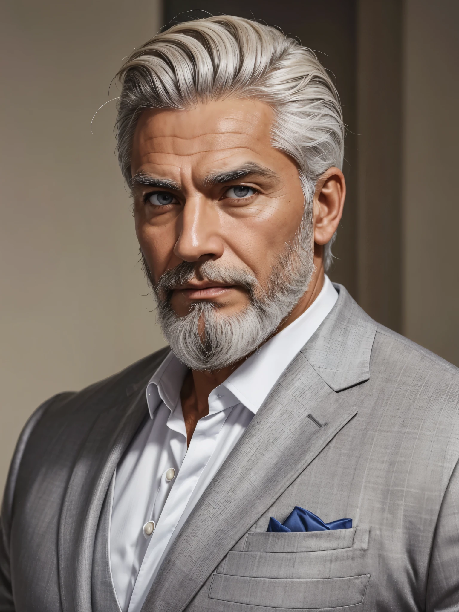 (best quality), 1boy, older man, tanned skin, white hair, medium hair, combed back hairstyle, slightly wavy hair, brown eyes, perfect eyes, beard, grey suit, handsome, serious expression, dad body, muscular, broad, strong jawline, masterpiece, anatomically correct, highres
