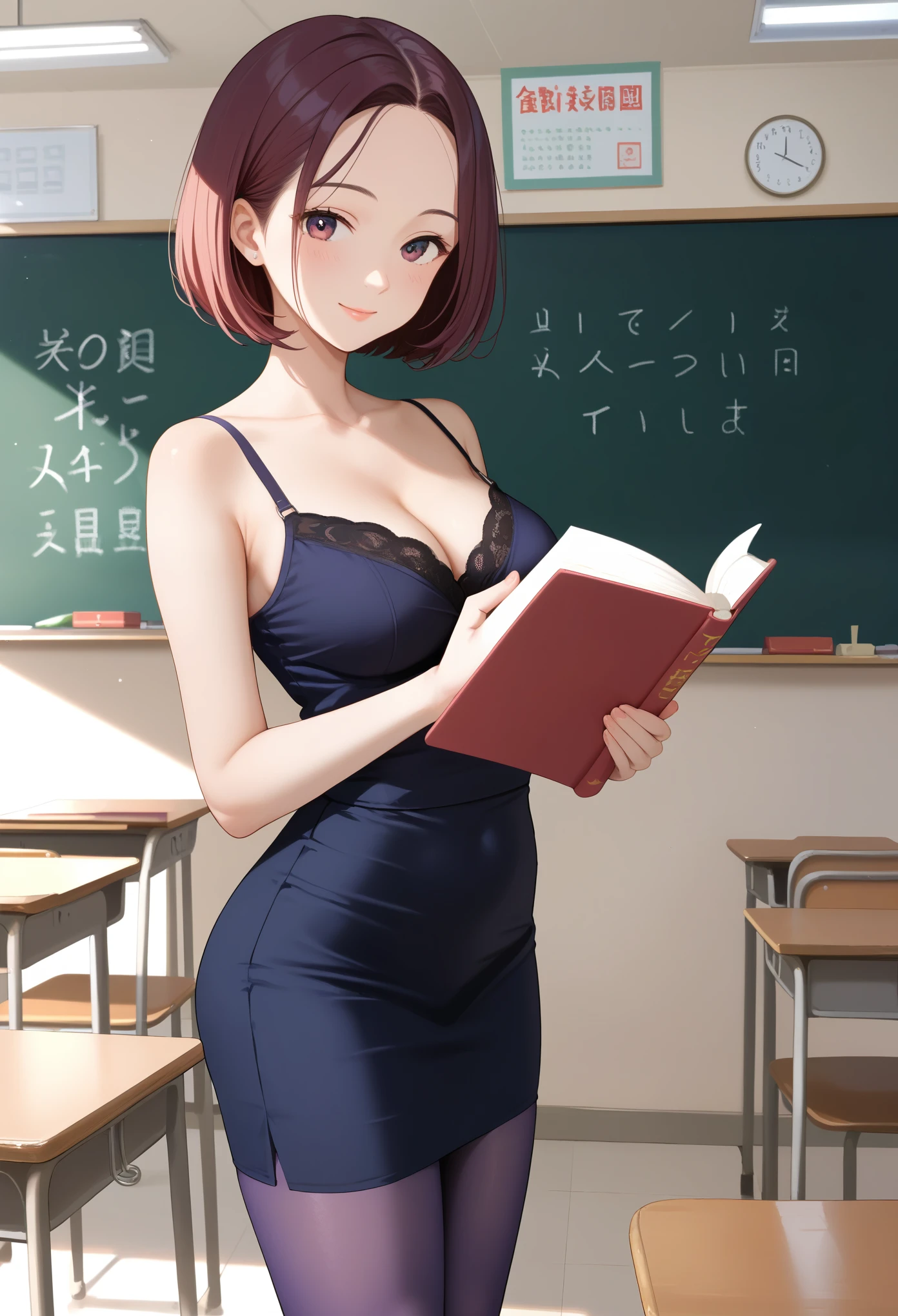 score_9, score_8_up, score_7_up, source_anime, nsfw, (1milf, solo), 28years old, (maroon short hair, round bob, forehead), (black camisole, medium breasts), black tight skirt, purple pantyhose with geometric patterns, smile, looking at viewer, holding textbook, (school classroom, standing before the chalkboard)