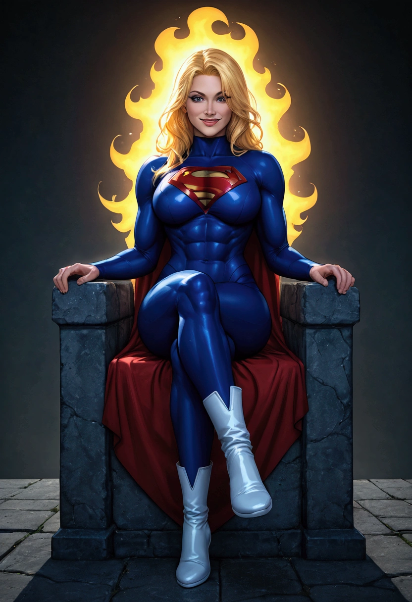 Super heroina , super girl. Dc comics , Athletic body , perfect , muscular,  big boobs ,  wearing a black uniform  , with golden details  , white boots ,  emblem on the chest of S  ,  eyes full of energy ,  long blond hair ,  sitting on a stone throne smiling  , a villain stole his body and he is happy about it with one hand on his face with his legs crossed