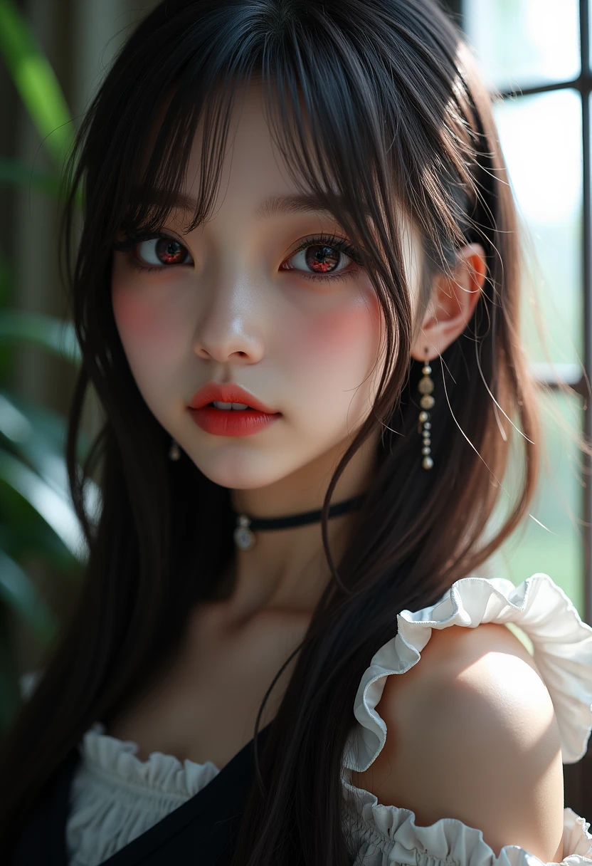 Close-up, (neon, night view, Dutch angle, from above, strapless: 1.3), masterpiece, top quality, raw photo, photorealistic, off-shoulder, red lace dress, red choker, reddish-purple eyes, up, upper body, cleavage, face light, shiny skin, film grain, chromatic aberration, absurdity, high resolution, ultra detail, detail, detailed eyes and face, Sharp pupils, realistic pupils, sharp focus, sweating, wet skin, shyness, red cheeks, embarrassment