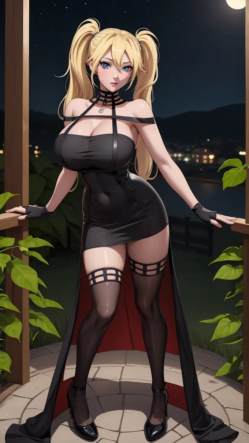 masterpiece, best quality, extremely detail 8k cg, high resolution, 1girl, narukouzumaki, twintails, wisker marks, blonde hair, blue eyes, perfect eyes, slim body, huge breasts, fakebreasts, standing, black dress, black thighhighs, black gloves, seductive face, outdoors, garden, night time, beautiful face, wide shot photo, full body