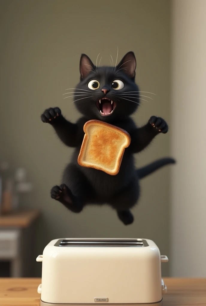  1 slice of bread , bread jumping up from the toaster,Browning, surprised black cat ,Jump,Standing hair , background is properly blurred 