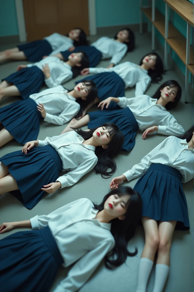 (ultra-detailed) pile of Japanese school girls' bodies, wearing traditional bloody school uniforms, short skirts, knee-high socks, dynamic composition, dark ambience, emotionally charged scene, contrasting shadows and highlights, vivid textures, artistic depth, haunting atmosphere, high-resolution, (4K) format, capturing the stark juxtaposition of innocence and tragedy.