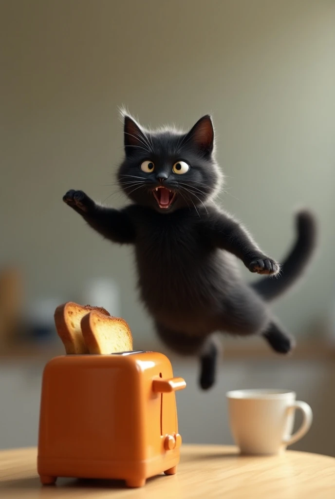  1 slice of bread , bread jumping up from the toaster,Browning, surprised black cat ,Jump,Standing hair , background is properly blurred 