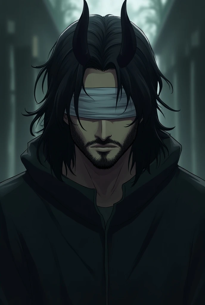 A handsome sad man , with long thick black hair and a defined medium beard, with a white blindfold . In anime style with black demon horns on the head.