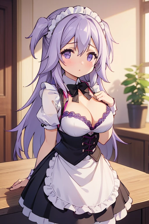 ((Best Quality)), ((masterpiece)), ( Details), 1girl, sexy、(nsfw),Porn Image、 (((ultra high res))), (((8k))), ((best quality)), (masterpiece), beautiful, ((illustration)), (((insanely detailed))), dutch angle、Purple Hair, Long Hair, Hair between the eyes, two side up,  purple eyes, Large Breasts、Short、 petite girl、Maid Cafe、Maid uniform,toudou kirin、 purple eyes,Dark Eyes,(good anatomy:1.2), beautiful eyes, Eye on the details、Orange juice on the table、 skirt being watched by kids、My jacket is open、I can see the white bra、 Pretty Boobs 、 shirtless、 cleavage 、Beautiful breasts、I can see beautiful nipples 