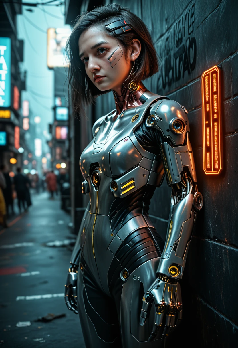 Extremely detailed mechanical woman .  We are the digital ghosts  ,  who never rest Feel the pulse of the city  ,  listen to the sound of the revolution We live in bytes and beats  ,  our hearts made of steel Cyberpunk gods ruling the cyborg girl of the metropolis, Cyborg - Girl, linda chica cyborg, beautiful cyborg girl,  Cyberpunk female anime girl  ( The best quality ,4k,8K,highres, masterpiece :1.2),Ultra detailed,(realistic,photorealistic,photo-realistic:1.37),Dark fantasy, cinematographic  lighting, Dramatic pose,detalles intricates,chiaroscuro, melancholic atmosphere , Brightness effects, Rays of God, Handmade, provide, 8K, octane provide, Cinema 4D, blender, Dark, atmospheric 4k ultra detailed,  cinematographic ,  sharp focus,  humorous illustration , great depth of field,  masterpiece , flag, 3d octane provide, 4k, conceptual art,  trend in artstation , hyperrealistic, Vivid flag, extremely detailed CG unity 8K wallpaper,  trend in artstation ,  trends in CGSociety, intricate,  High level of detail , Dramatic, unreal engine 5, 8K, ( masterpiece ,detailed,highres:1.2), cyberpunk anime style,   sci-fi female soldier wearing tight battle armor , leaning against a wall on a cyberpunk street  ,   with neon signs and big commercials featuring supermodels , Red and black theme 