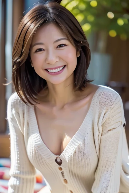 8k,  best quality , masterpiece, Genuine, graphic,   detailed description  , Natural Light,   Soft Sunlight、Japanese female 1 person, 50 years old, A little brown hair,   short hair, Knitted sweater, wear( wide open neck sweater ：1.5), posture(On all fours:1.5),（Leaning forward), Well-shaped small breast bust , ( makes your chest look great:1.5),   detailed description   of the chest、    mischievous smile   、A kind smile、 Your smile is amazing 、White teeth,    miniskirt(I see beautiful legs:1.2), Ring on left ring finger、Detailed hand drawing
