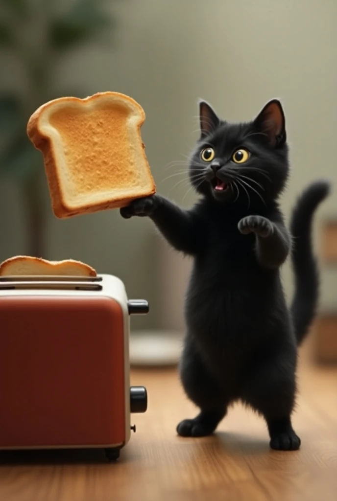  1 slice of bread , bread jumping up from the toaster,Browning, surprised black cat ,Real,Jump,Standing hair , background is properly blurred 