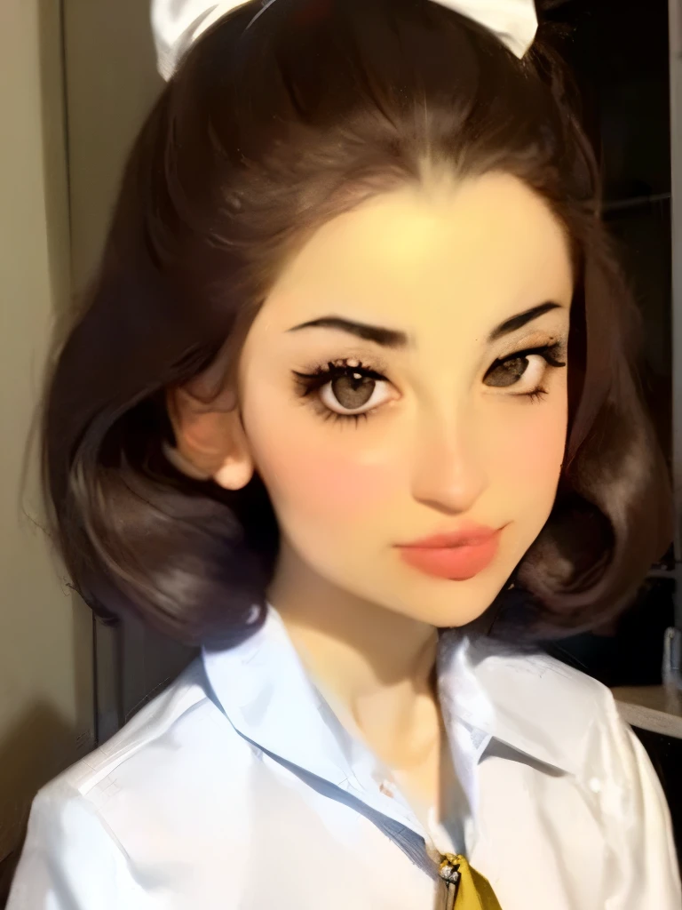 arafed portrait of a woman with a white shirt and a brown tie, a colorized photo inspired by Rhea Carmi, flickr, pop art, portrait of paulette goddard, 1 9 4 0 s haircut, rockabilly hair, ( art fitzpatrick ), gorgeous lady, gil elvgren 50mm, gill elvgren, lobotomy of a beautiful woman