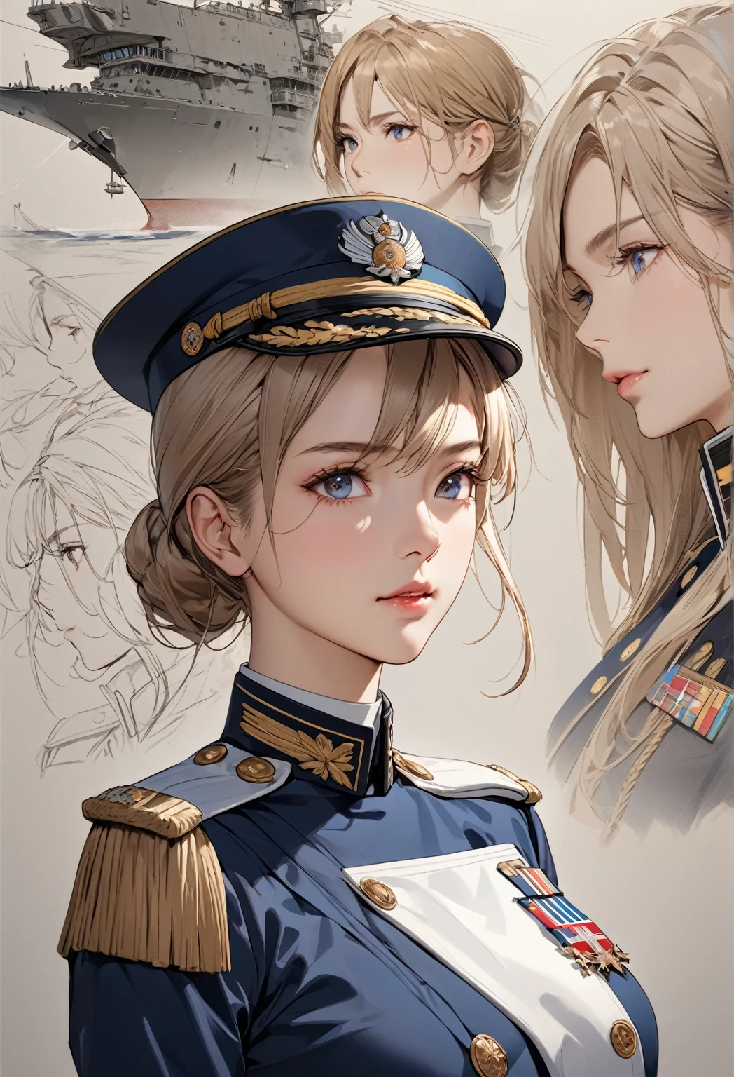  young beautiful woman,(Best Quality,Very detailed depiction, Incredible High Resolution , Anatomically Accurate Depiction ,High quality anime drawings),(Female admiral),(Blue and white military uniform,Admiral&#39;s Uniform, has sunglasses on her head, earrings, choker,boots,),(Silver Hair, ponytail,Purple Eyes,Eyes half closed:1.2,Cute charm , happy smile :1.2, it's opening its mouth, Pottery Skin ,Beautiful legs,Curvaceous Body,Model pose),(Full body image:1.3),Purple light,Navy Headquarters 