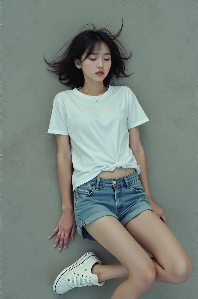 Realistic, high resolution, 1 girl, gray blue hair, Korean, blue eyes, white shirt, black shorts, thick thighs