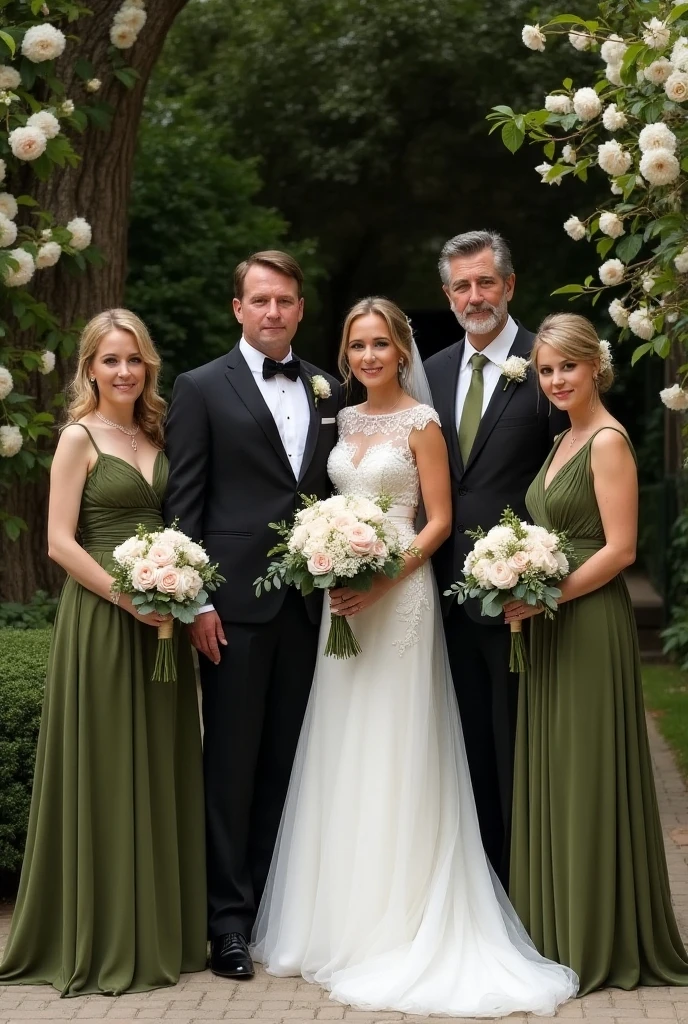 full wedding 1 man: Beige vest and pants, with olive green godmother tie: olive green mother of the bride dress: in a rust dress father of the bride: in a light gray jacket and light gray pants, with olive green tie bride: in white dress 1 man: in a lead gray suit and lead gray pants and a black tie