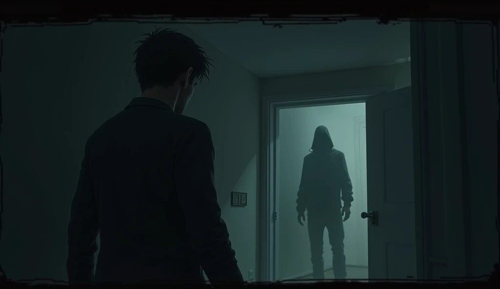make a room with a dark apocalyptic setting, In this room there is a person looking at the door and wearing a backpack on their back., the door is open and there are 2 rotting zombies with exposed wounds and sinister eyes heading towards the person in the room to attack them..